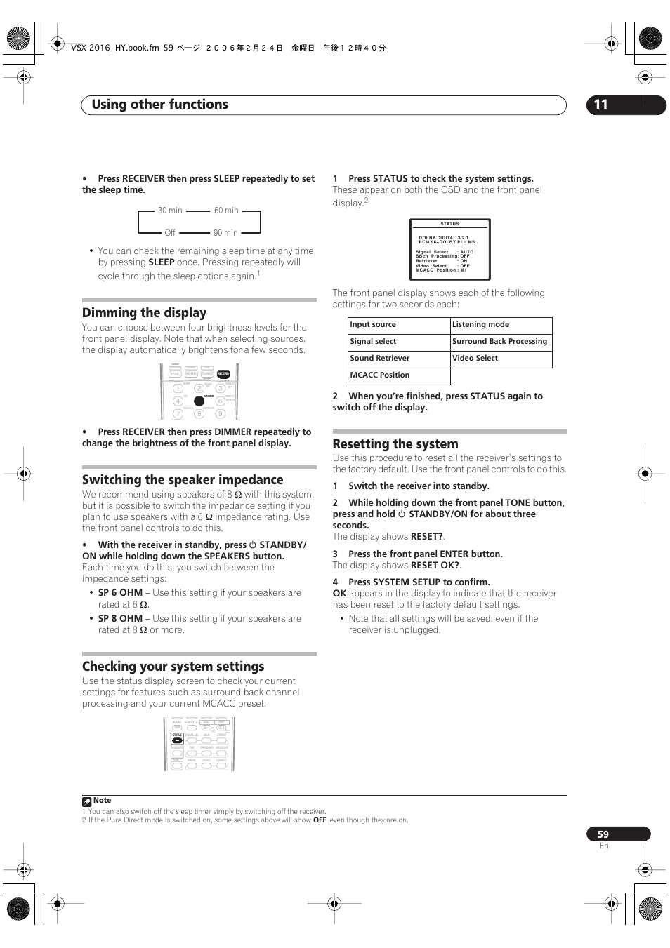 Using other functions 11, Dimming the display, Switching the speaker impedance | Checking your system settings, Resetting the system | Pioneer VSX-2016AV User Manual | Page 59 / 79