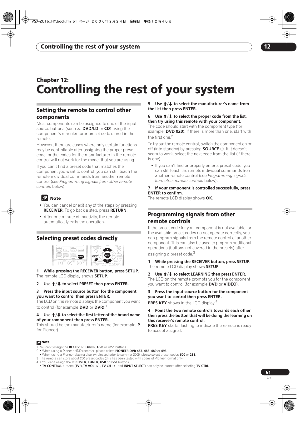 12 controlling the rest of your system, Controlling the rest of your system, Controlling the rest of your system 12 | Chapter 12, Setting the remote to control other components, Selecting preset codes directly, Programming signals from other remote controls | Pioneer VSX-2016AV User Manual | Page 61 / 79