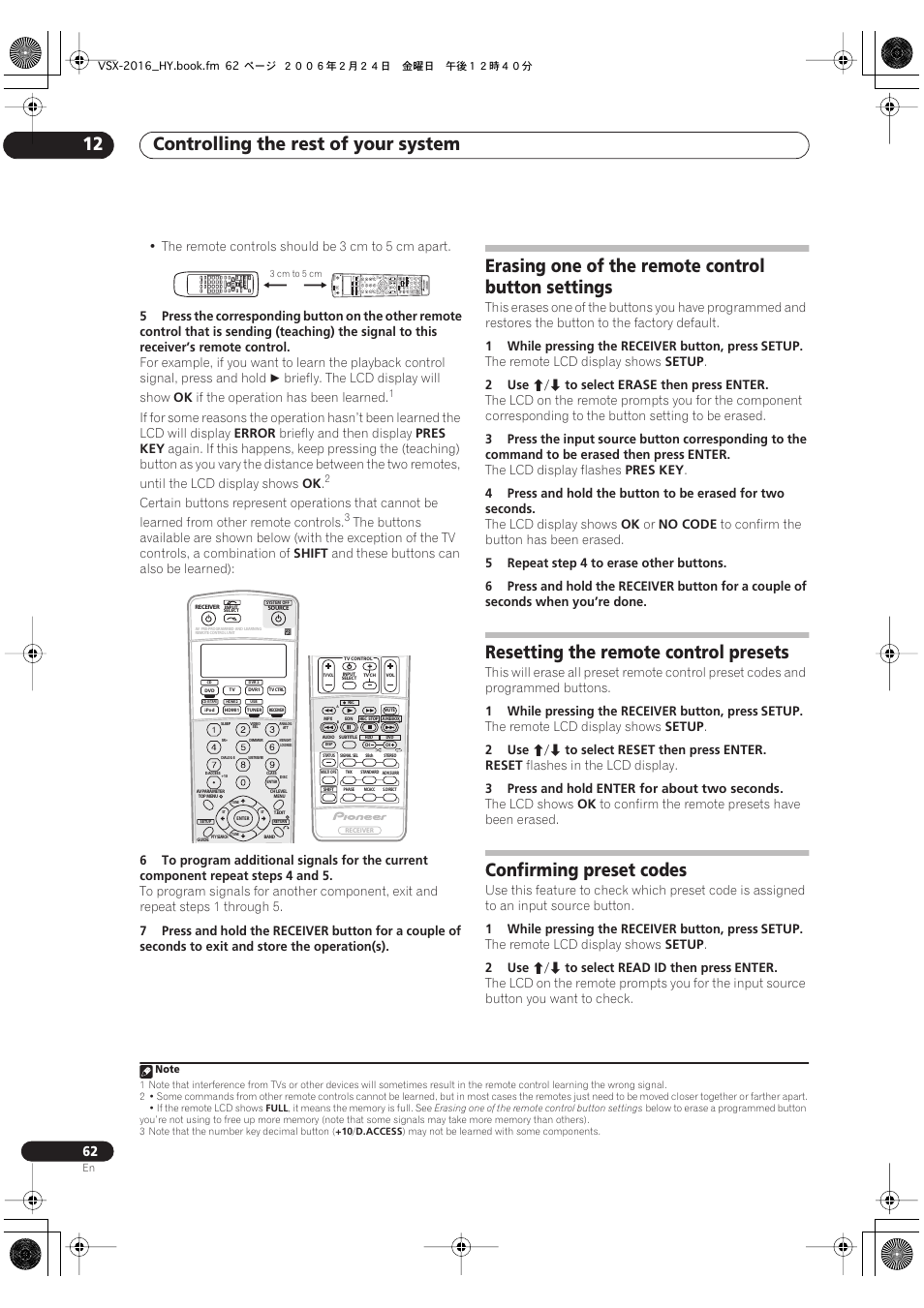 Controlling the rest of your system 12, Erasing one of the remote control button settings, Resetting the remote control presets | Confirming preset codes | Pioneer VSX-2016AV User Manual | Page 62 / 79