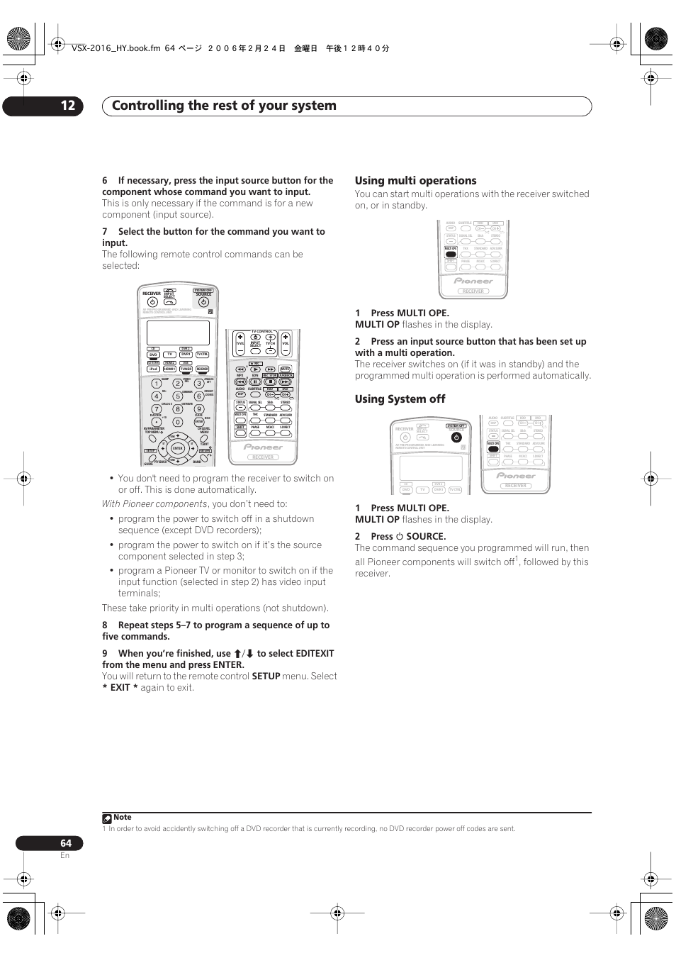 Using multi operations using system off, Controlling the rest of your system 12, Using multi operations | Using system off, With pioneer components, Enter, You will return to the remote control, Setup, Menu. select, Exit | Pioneer VSX-2016AV User Manual | Page 64 / 79