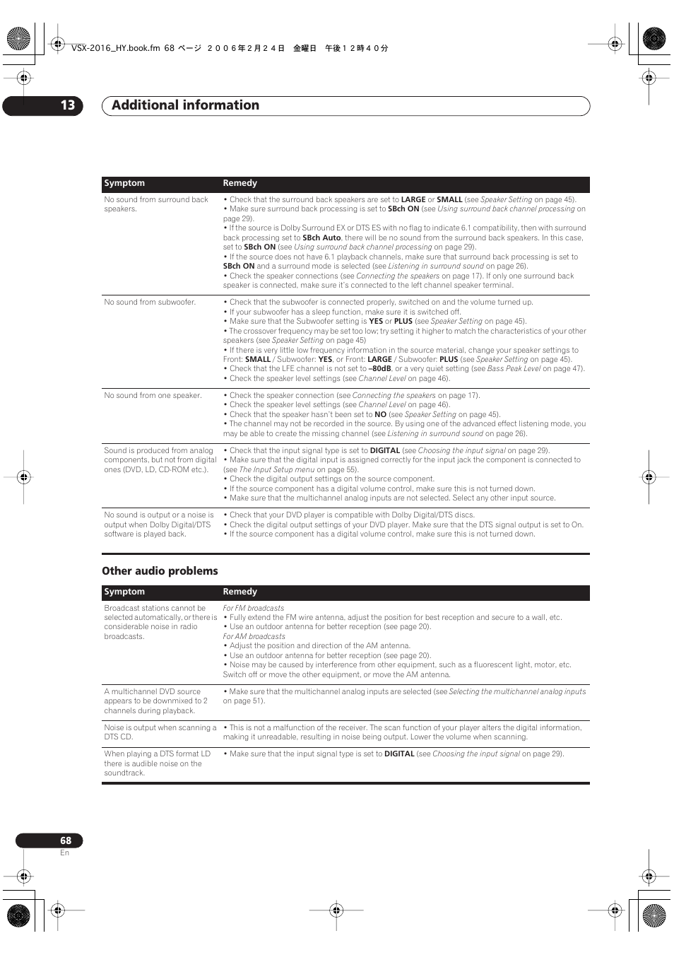 Other audio problems, Additional information 13 | Pioneer VSX-2016AV User Manual | Page 68 / 79