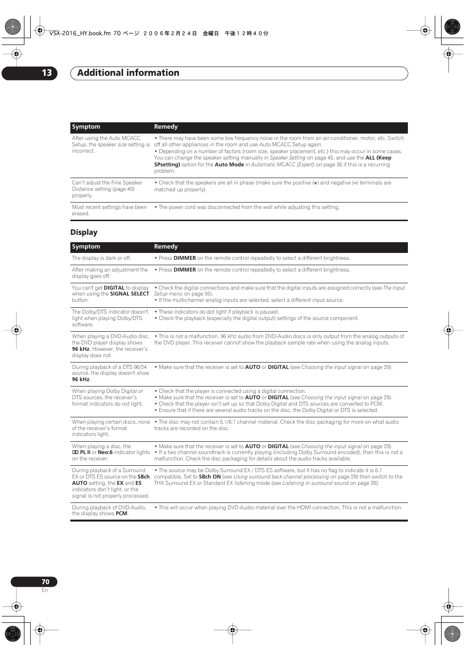 Display, Additional information 13 | Pioneer VSX-2016AV User Manual | Page 70 / 79