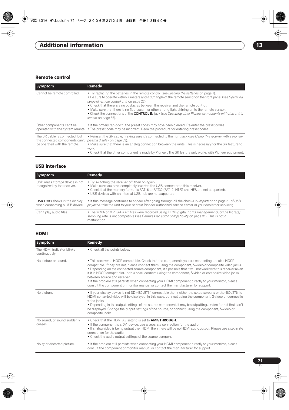 Remote control usb interface hdmi, Additional information 13 | Pioneer VSX-2016AV User Manual | Page 71 / 79