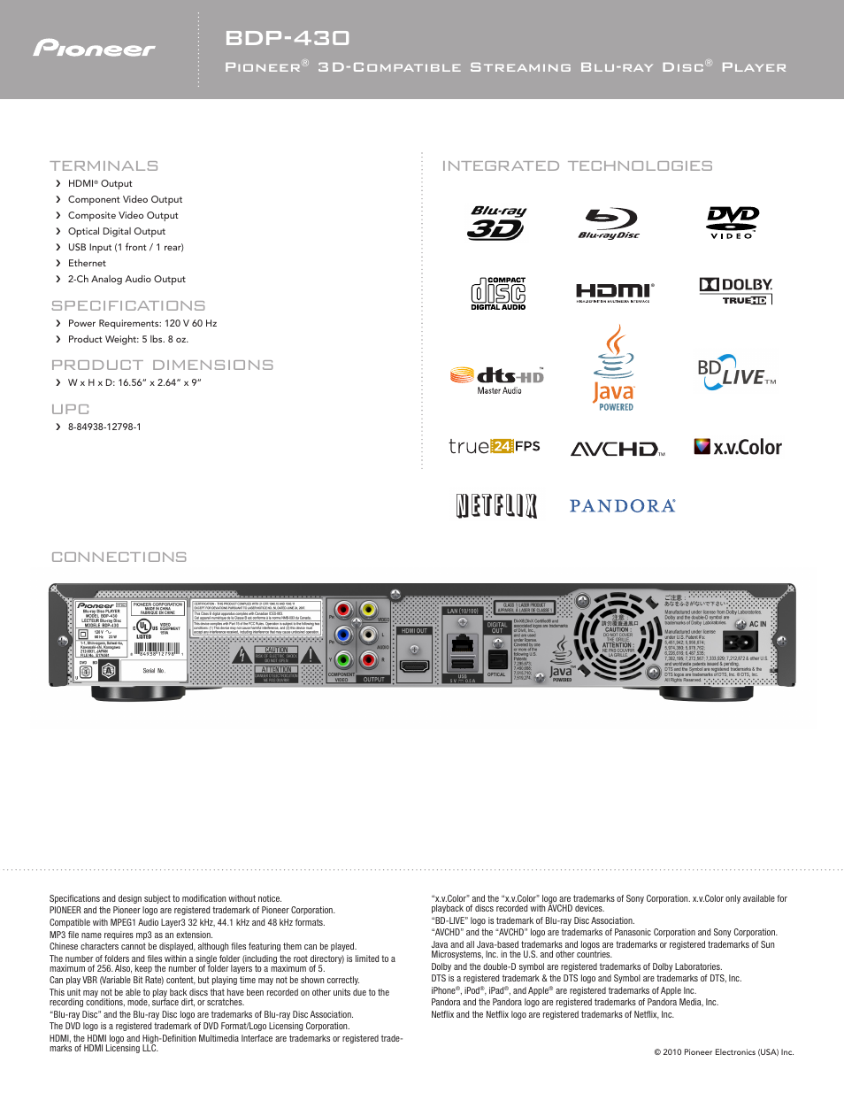 Bdp-430, Connections terminals, Specifications | Product dimensions, Integrated technologies, Pioneer, 3d-compatible streaming blu-ray disc, Player | Pioneer BDP-430 User Manual | Page 2 / 2