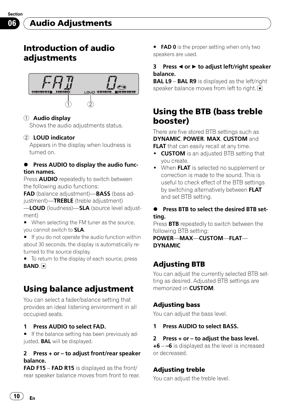 Adjusting btb 10, Introduction of audio adjustments, Using balance adjustment | Using the btb (bass treble booster), Audio adjustments | Pioneer DEH-17 User Manual | Page 10 / 44