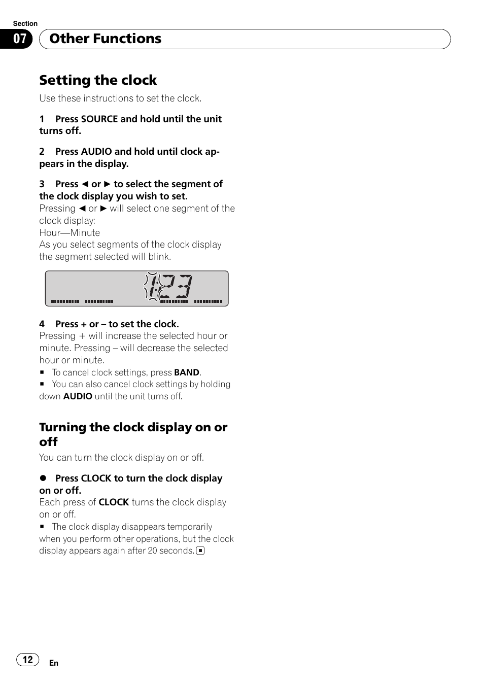 Other functions setting the clock 12, Turning the clock display on or off 12, Setting the clock | Other functions | Pioneer DEH-17 User Manual | Page 12 / 44