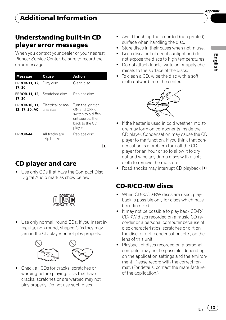 Messages 13, Cd player and care 13 cd-r/cd-rw discs 13, Understanding built-in cd player error messages | Cd player and care, Cd-r/cd-rw discs, Additional information | Pioneer DEH-17 User Manual | Page 13 / 44