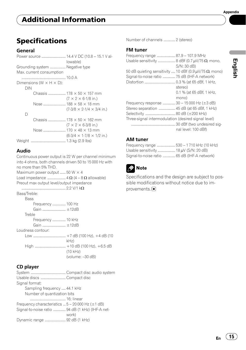 Specifications 15, Specifications, Additional information | English | Pioneer DEH-17 User Manual | Page 15 / 44