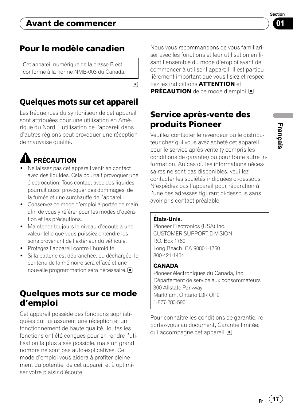 Pour le modèle canadien, Quelques mots sur cet appareil, Quelques mots sur ce mode demploi | Service après-vente des produits pioneer, Avant de commencer | Pioneer DEH-17 User Manual | Page 17 / 44