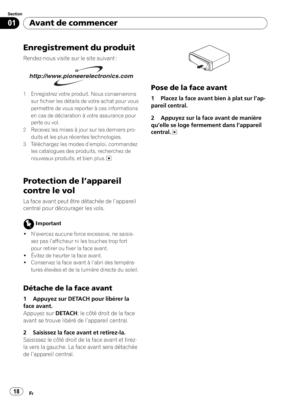 Détache de la face avant 18, Pose de la face avant 18, Enregistrement du produit | Protection de lappareil contre le vol, Avant de commencer | Pioneer DEH-17 User Manual | Page 18 / 44