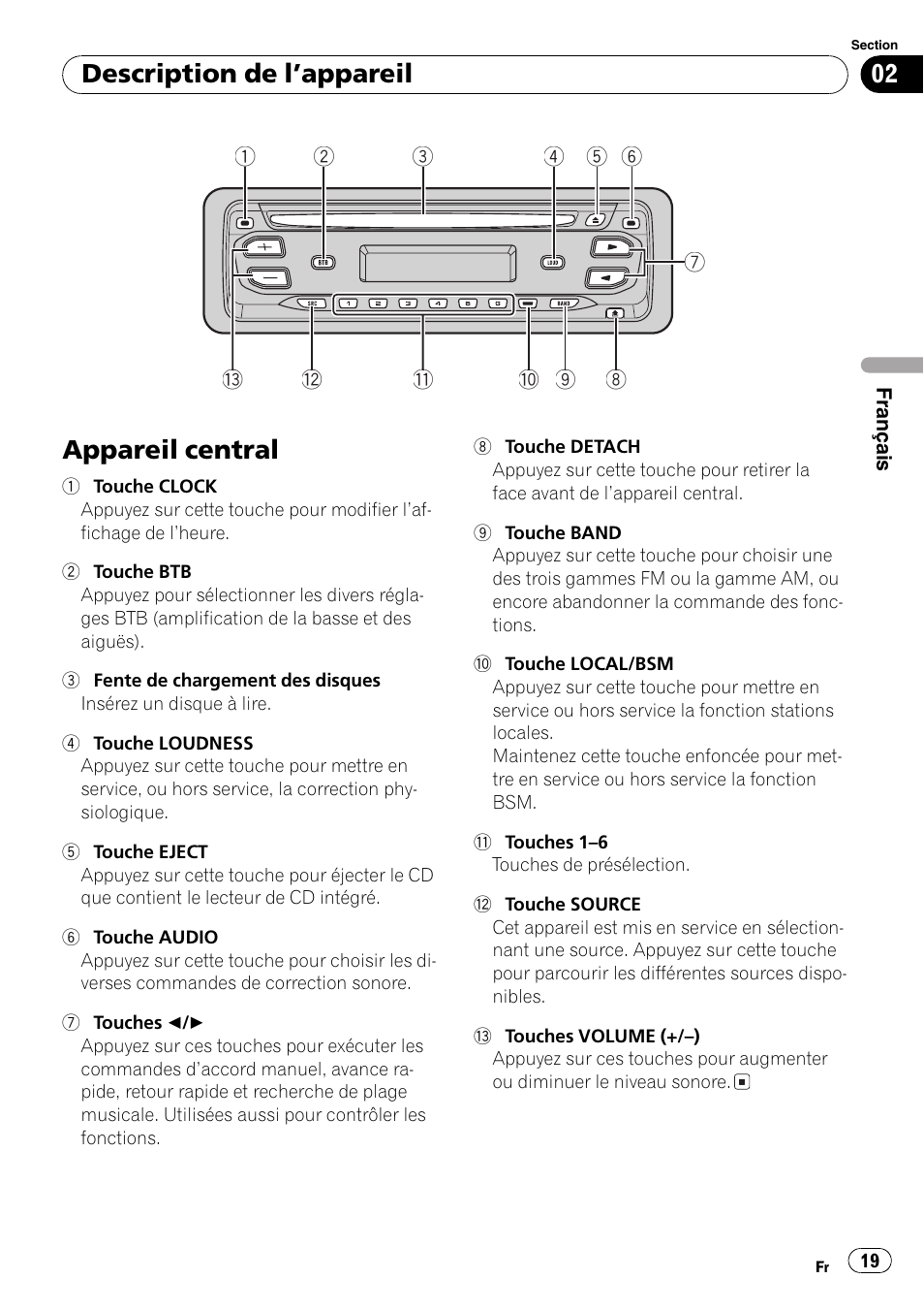 Description de lappareil appareil central 19, Appareil central, Description de lappareil | Pioneer DEH-17 User Manual | Page 19 / 44