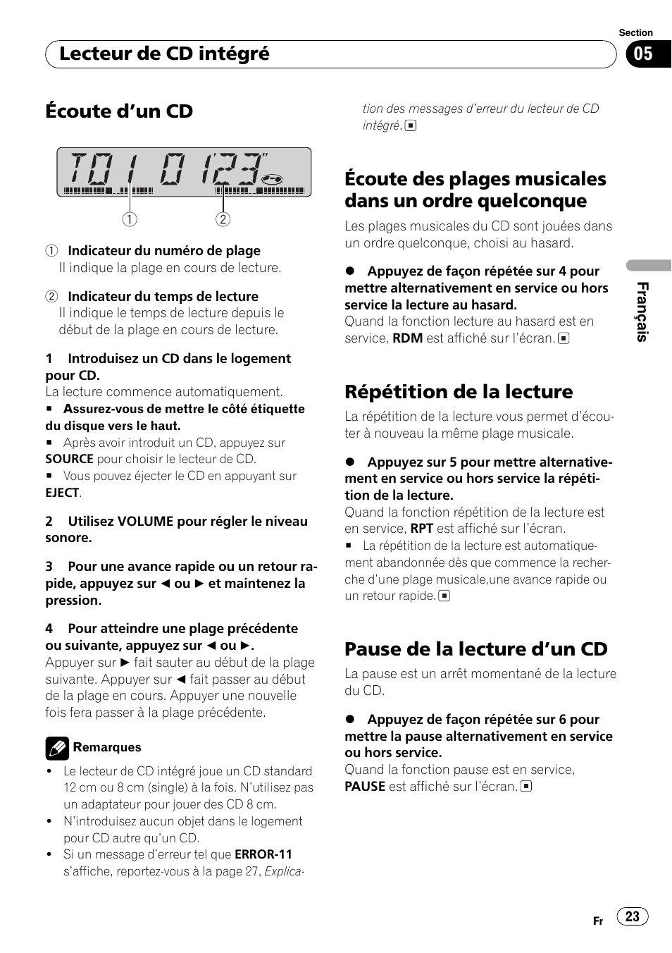 Quelconque 23, Écoute dun cd, Répétition de la lecture | Pause de la lecture dun cd, Lecteur de cd intégré | Pioneer DEH-17 User Manual | Page 23 / 44