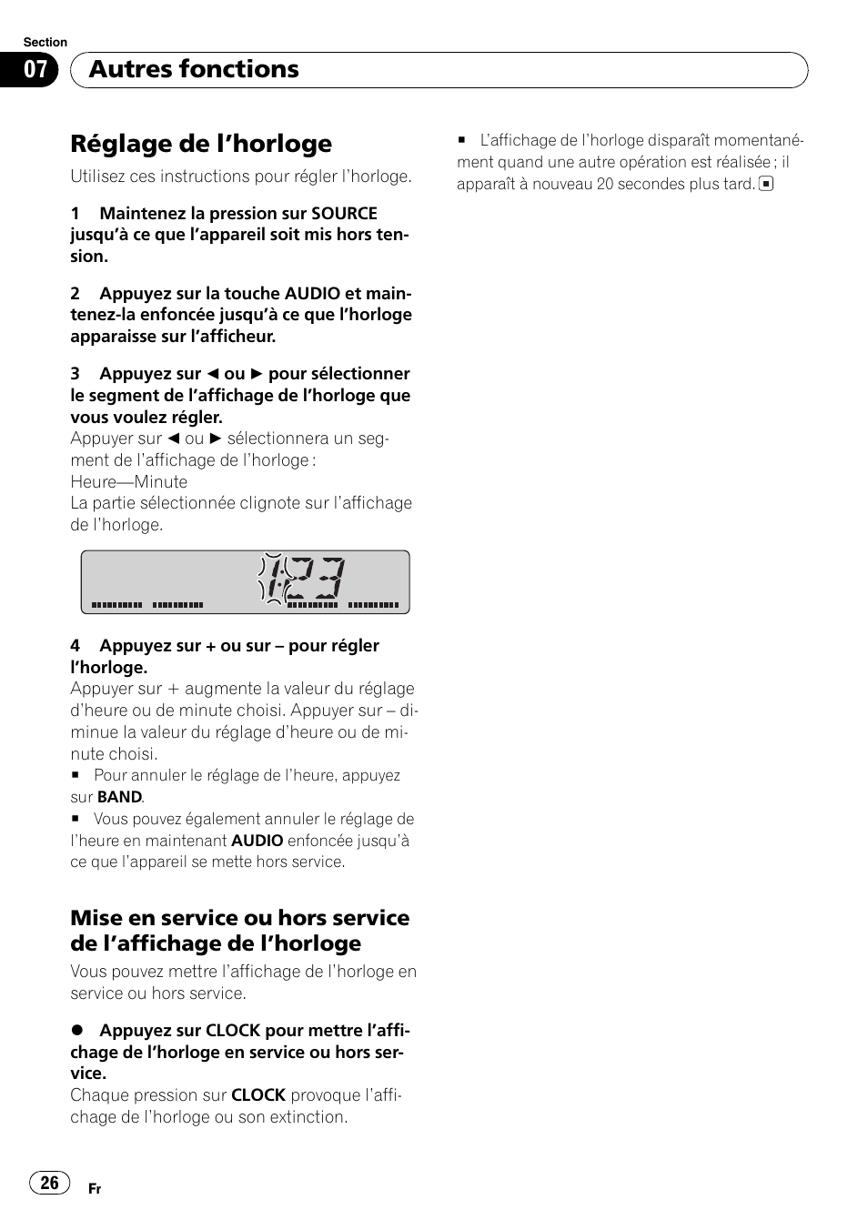 Autres fonctions réglage de lhorloge 26, Mise en service ou hors service de, Laffichage de lhorloge 26 | Réglage de lhorloge, Autres fonctions | Pioneer DEH-17 User Manual | Page 26 / 44