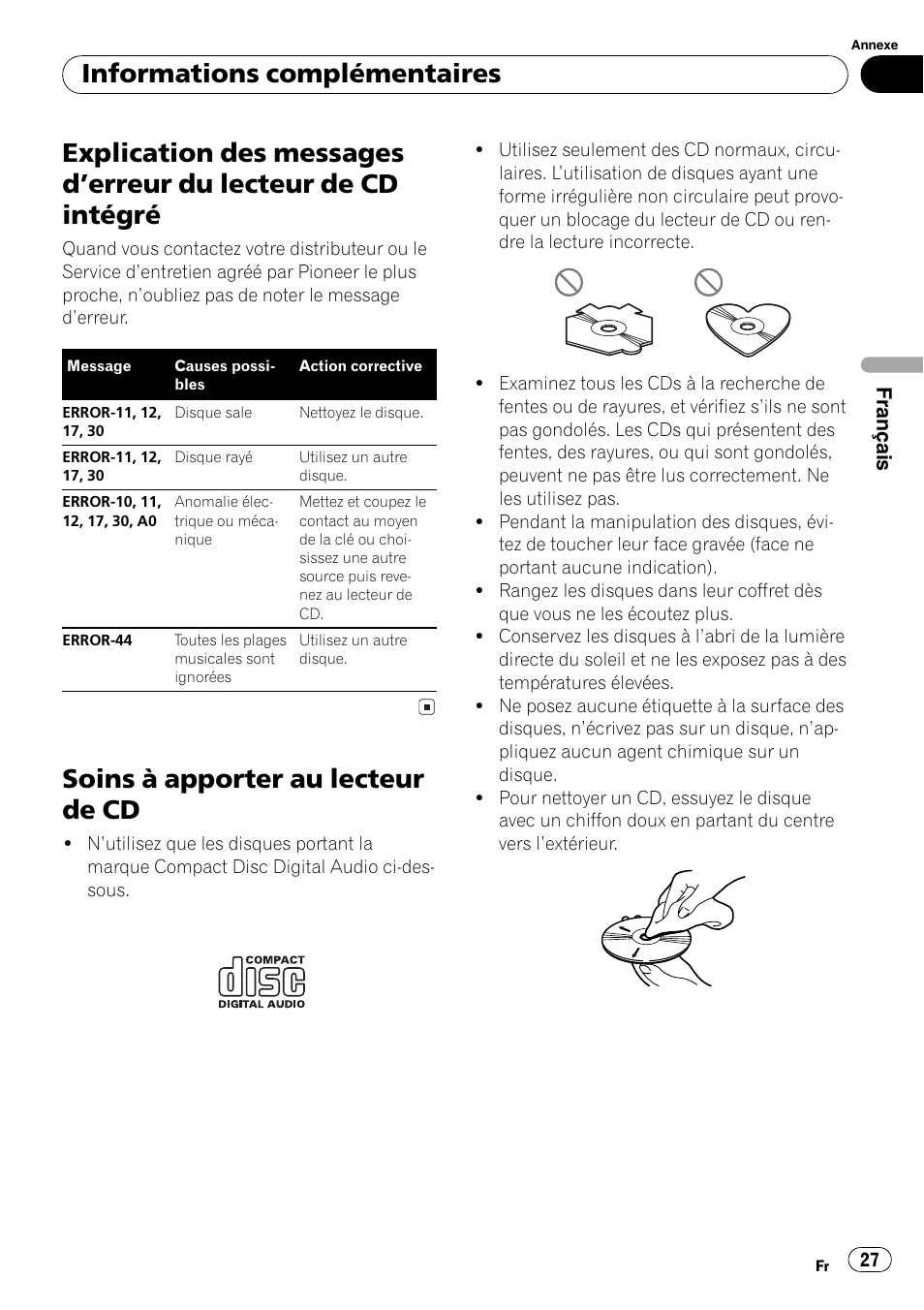 De cd intégré 27, Soins à apporter au lecteur de cd 27, Soins à apporter au lecteur de cd | Informations complémentaires | Pioneer DEH-17 User Manual | Page 27 / 44