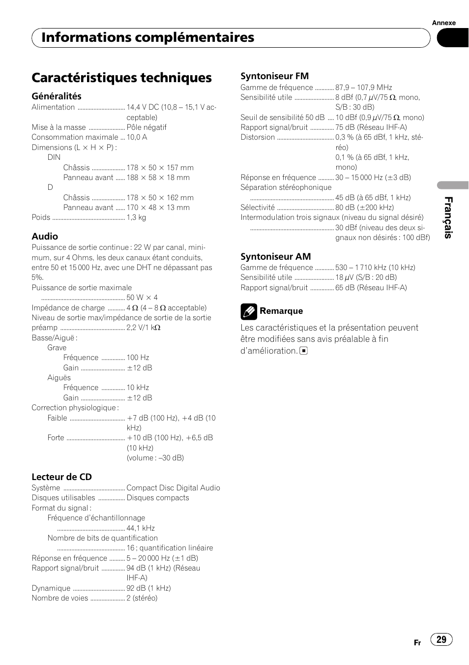 Caractéristiques techniques 29, Caractéristiques techniques, Informations complémentaires | Français | Pioneer DEH-17 User Manual | Page 29 / 44