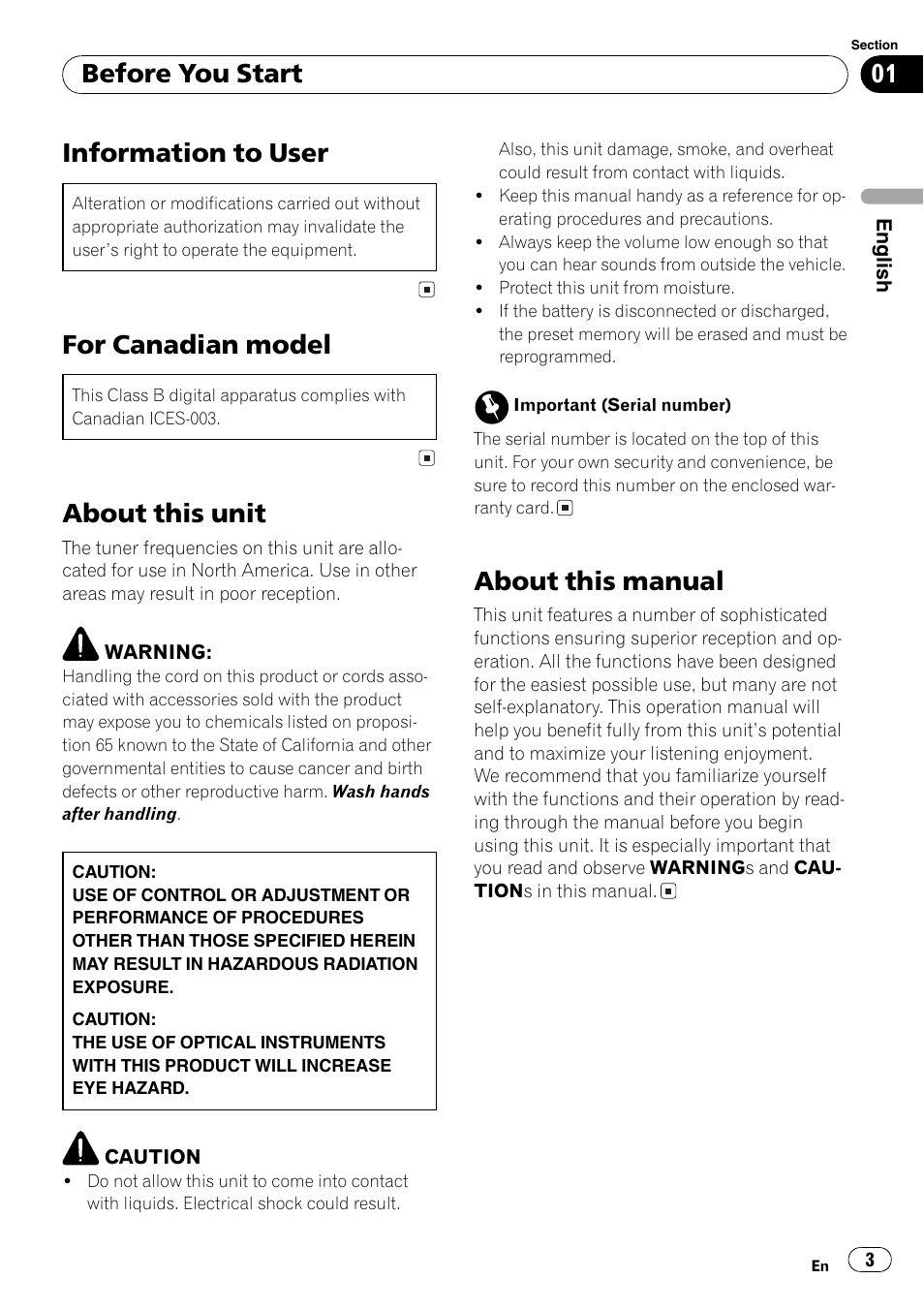 Information to user, For canadian model, About this unit | About this manual, Before you start | Pioneer DEH-17 User Manual | Page 3 / 44