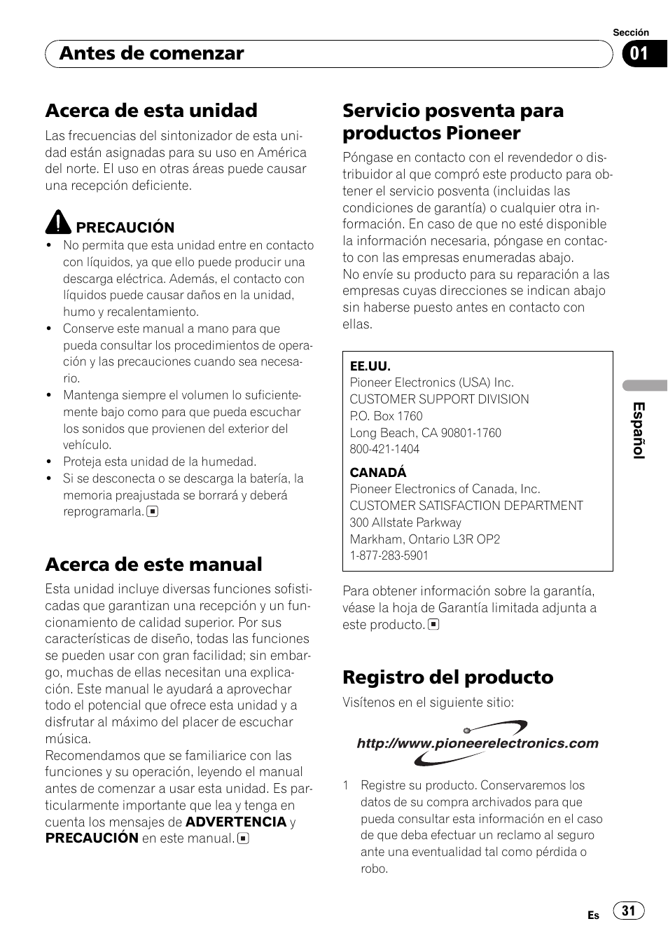 Pioneer 31, Registro del producto 31, Acerca de esta unidad | Acerca de este manual, Servicio posventa para productos pioneer, Registro del producto, Antes de comenzar | Pioneer DEH-17 User Manual | Page 31 / 44