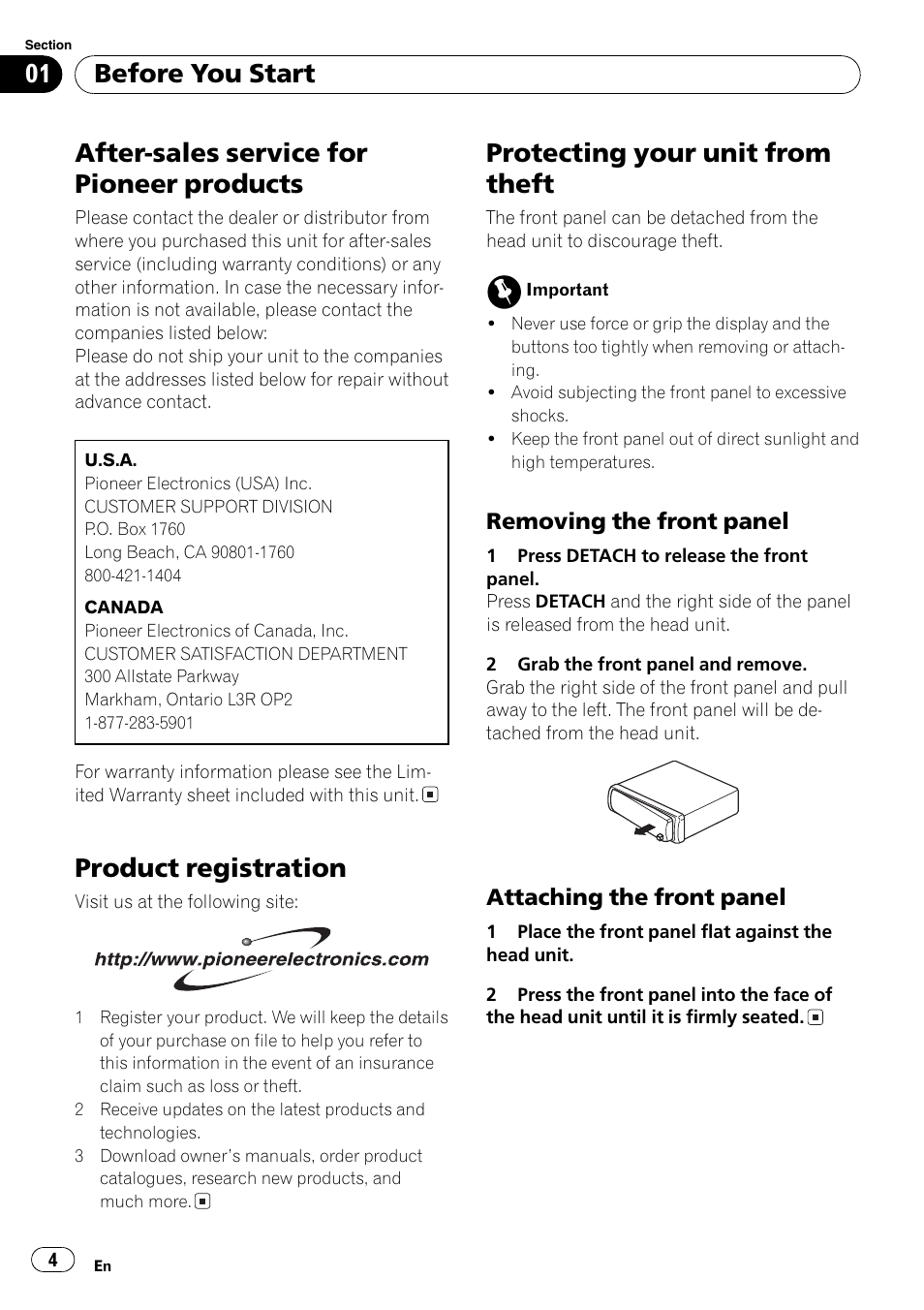 Removing the front panel 4, Attaching the front panel 4, After-sales service for pioneer products | Product registration, Protecting your unit from theft, Before you start | Pioneer DEH-17 User Manual | Page 4 / 44