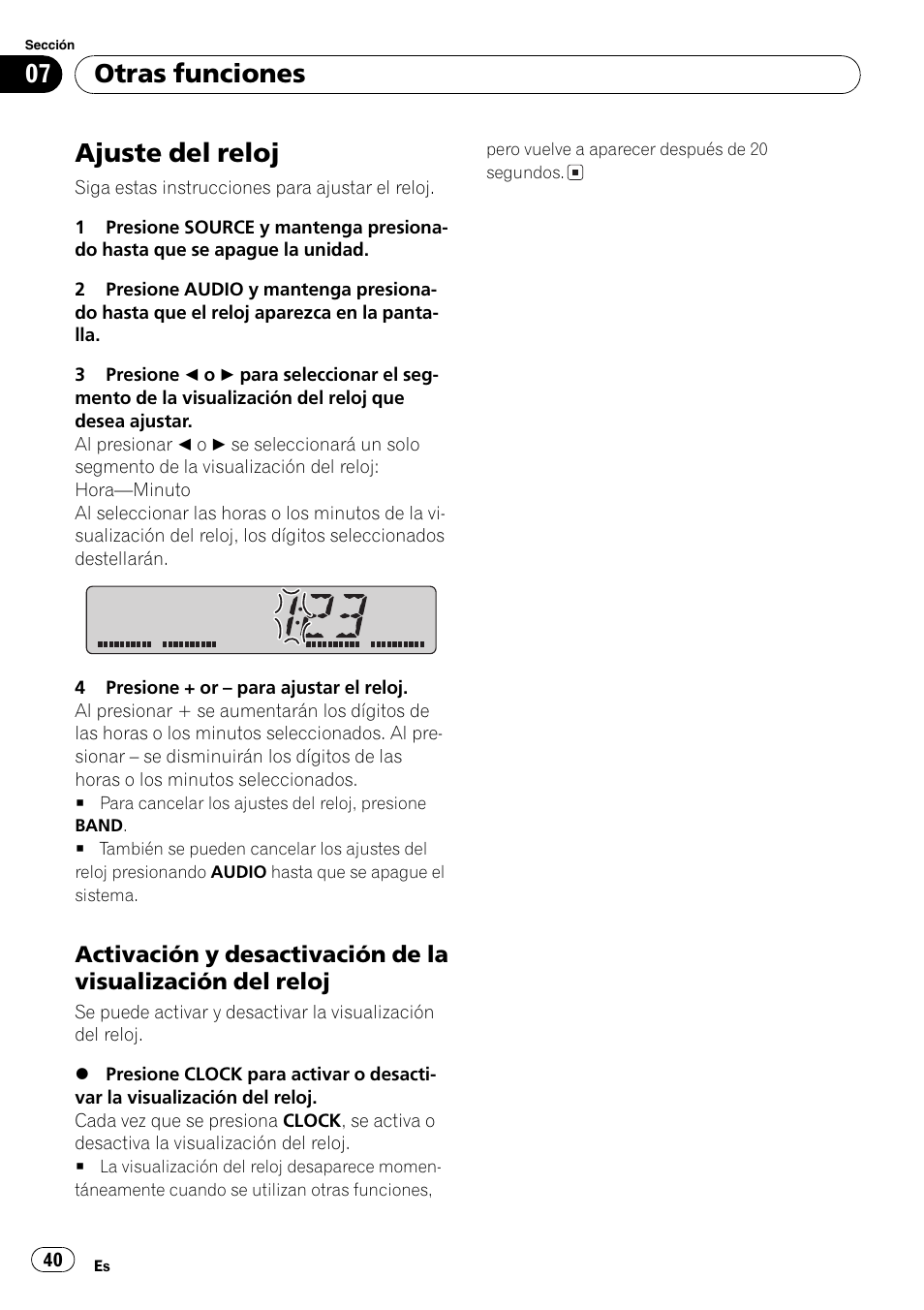 Otras funciones ajuste del reloj 40, Activación y desactivación de la, Visualización del reloj 40 | Ajuste del reloj, Otras funciones | Pioneer DEH-17 User Manual | Page 40 / 44