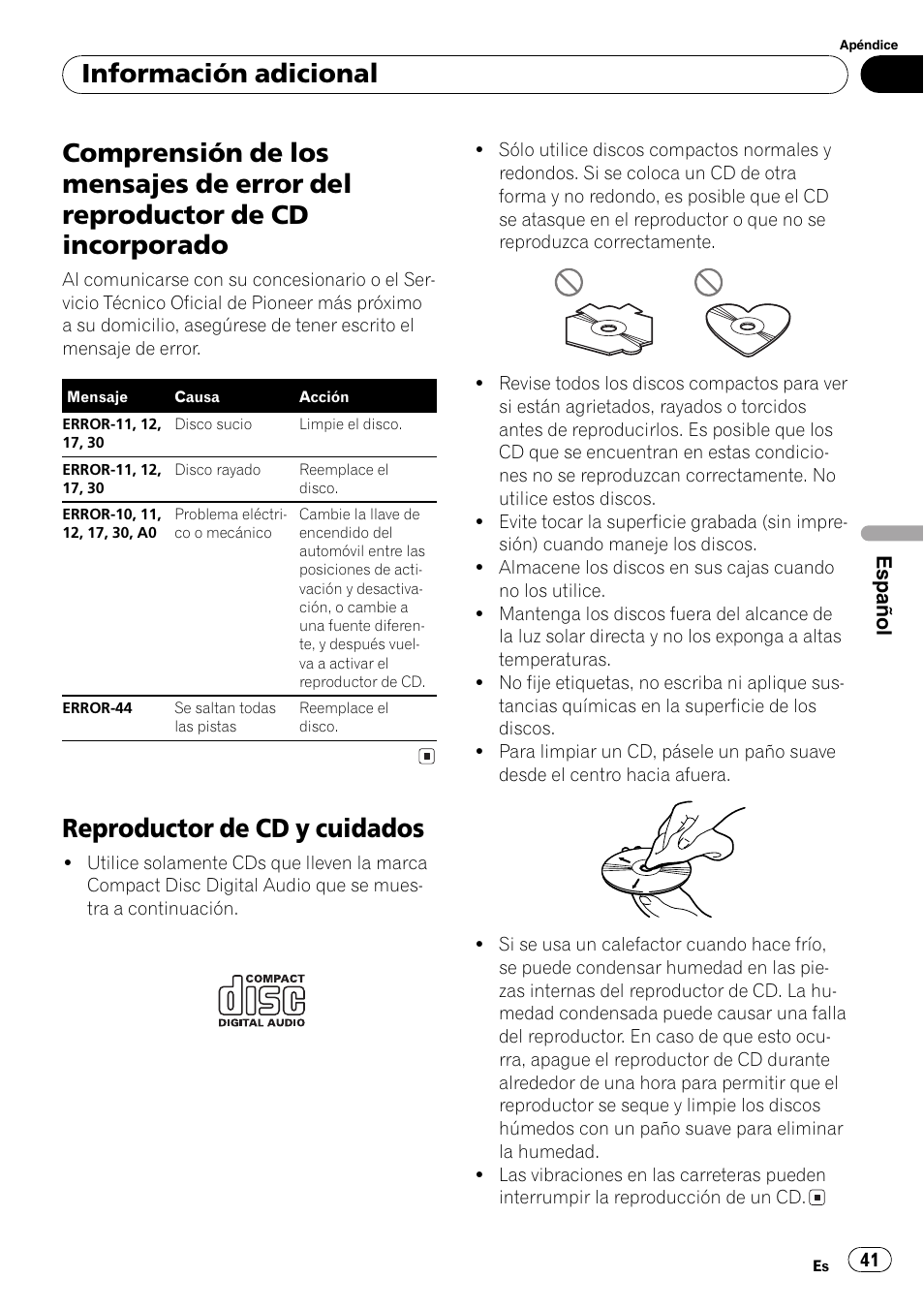 Reproductor de cd incorporado 41, Reproductor de cd y cuidados 41, Reproductor de cd y cuidados | Información adicional | Pioneer DEH-17 User Manual | Page 41 / 44