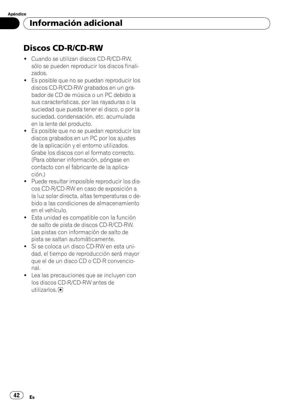Discos cd-r/cd-rw 42, Discos cd-r/cd-rw, Información adicional | Pioneer DEH-17 User Manual | Page 42 / 44