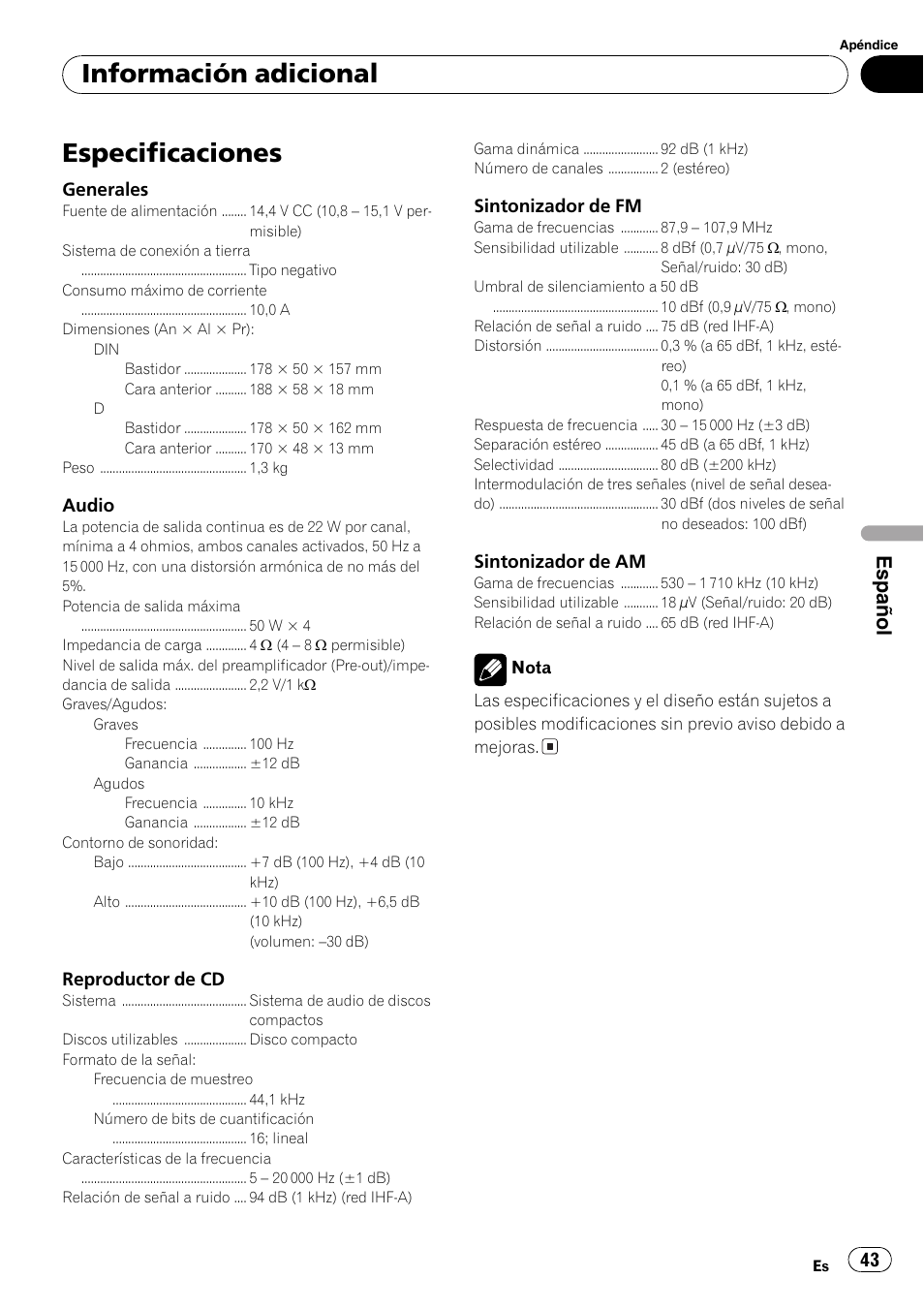 Especificaciones 43, Especificaciones, Información adicional | Español | Pioneer DEH-17 User Manual | Page 43 / 44