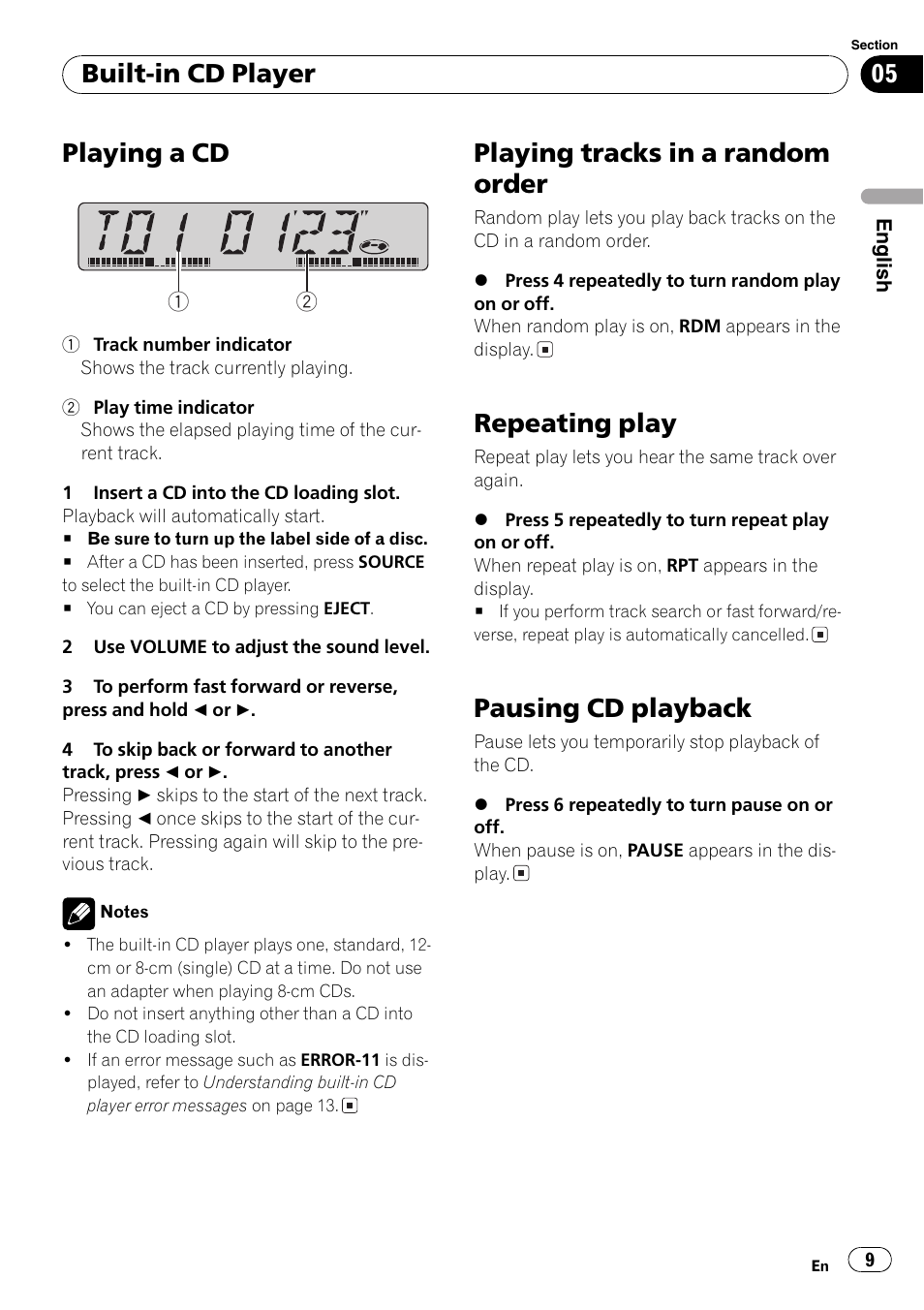 Playing a cd, Playing tracks in a random order, Repeating play | Pausing cd playback, Built-in cd player | Pioneer DEH-17 User Manual | Page 9 / 44