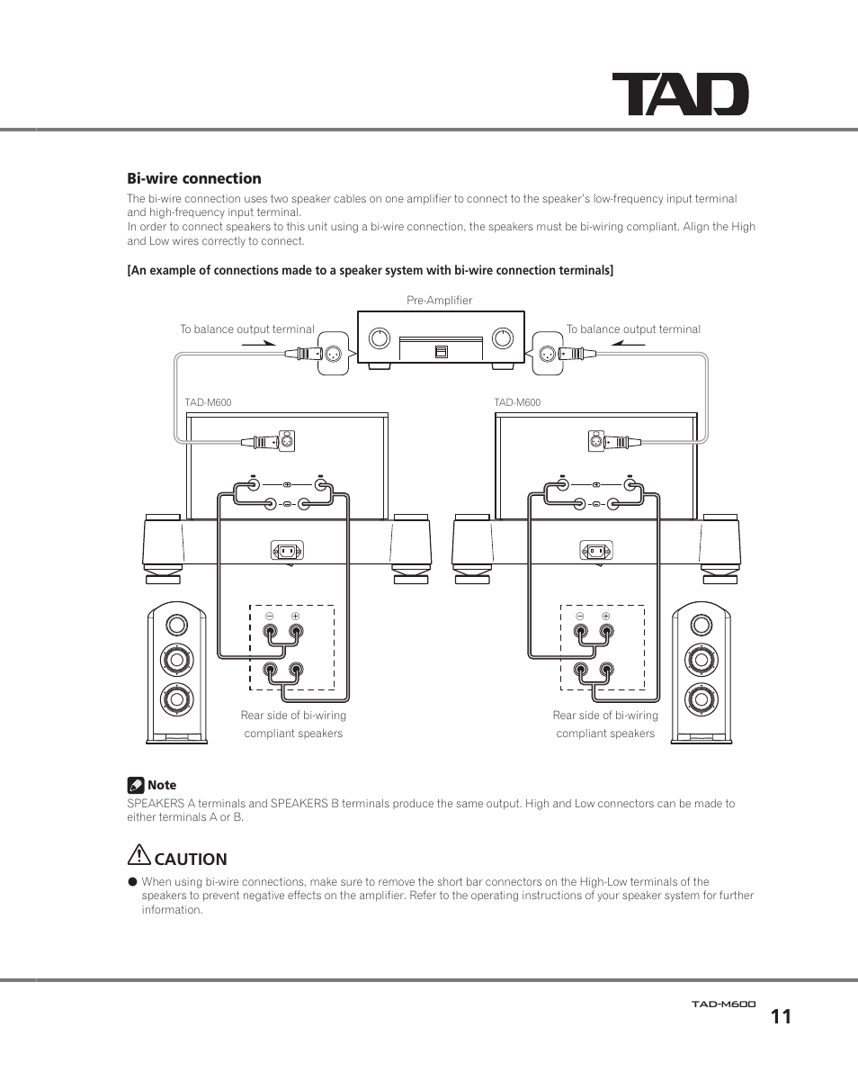 Bi-wire connection, Caution, Balanced) | Class 2 wiring | Pioneer TAD M600 User Manual | Page 11 / 18