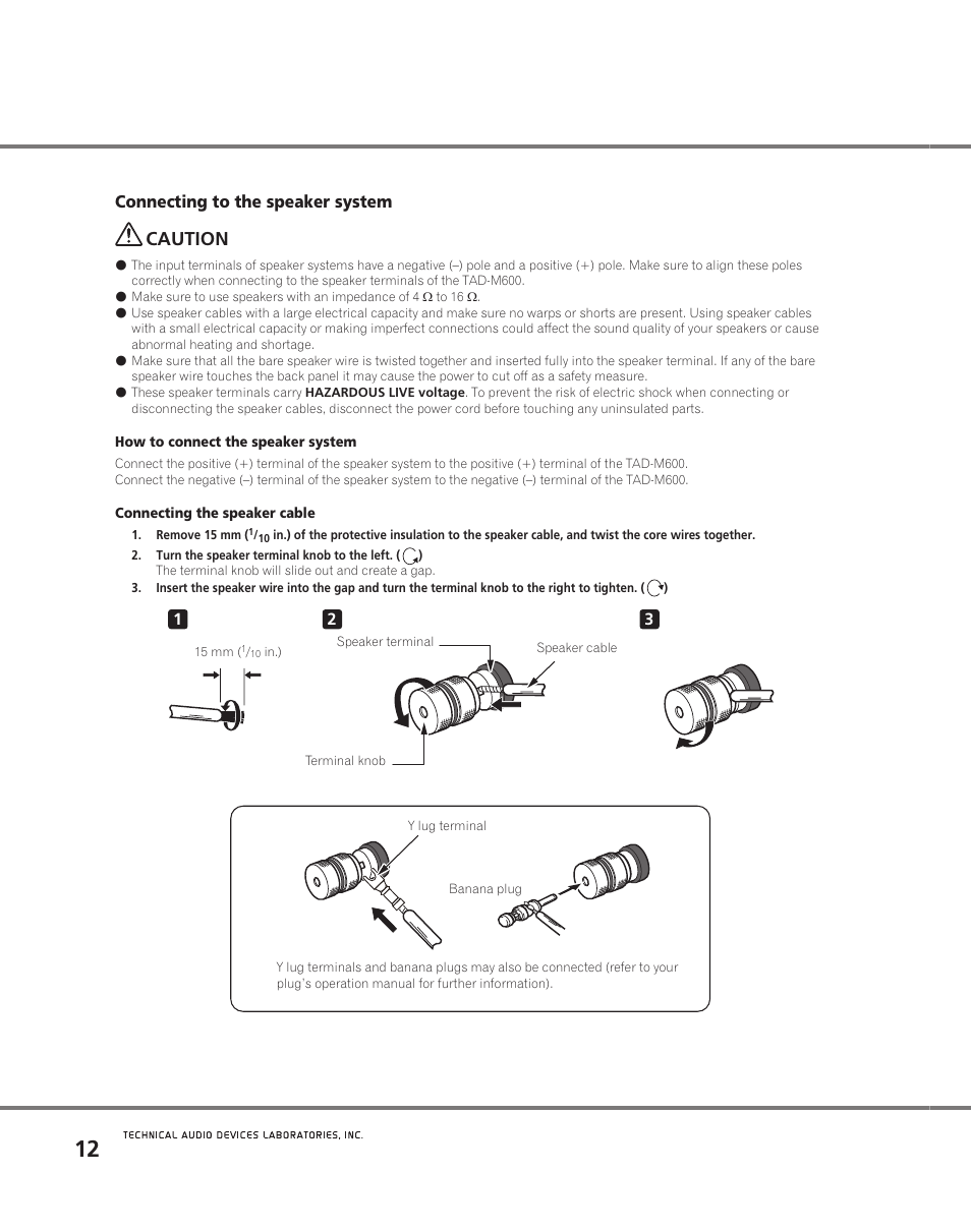 Connecting to the speaker system, Caution | Pioneer TAD M600 User Manual | Page 12 / 18
