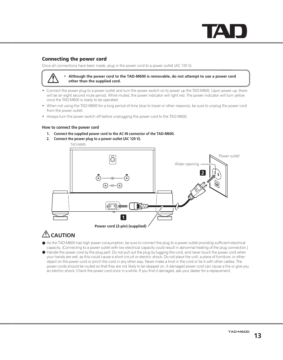 Connecting the power cord, Caution | Pioneer TAD M600 User Manual | Page 13 / 18