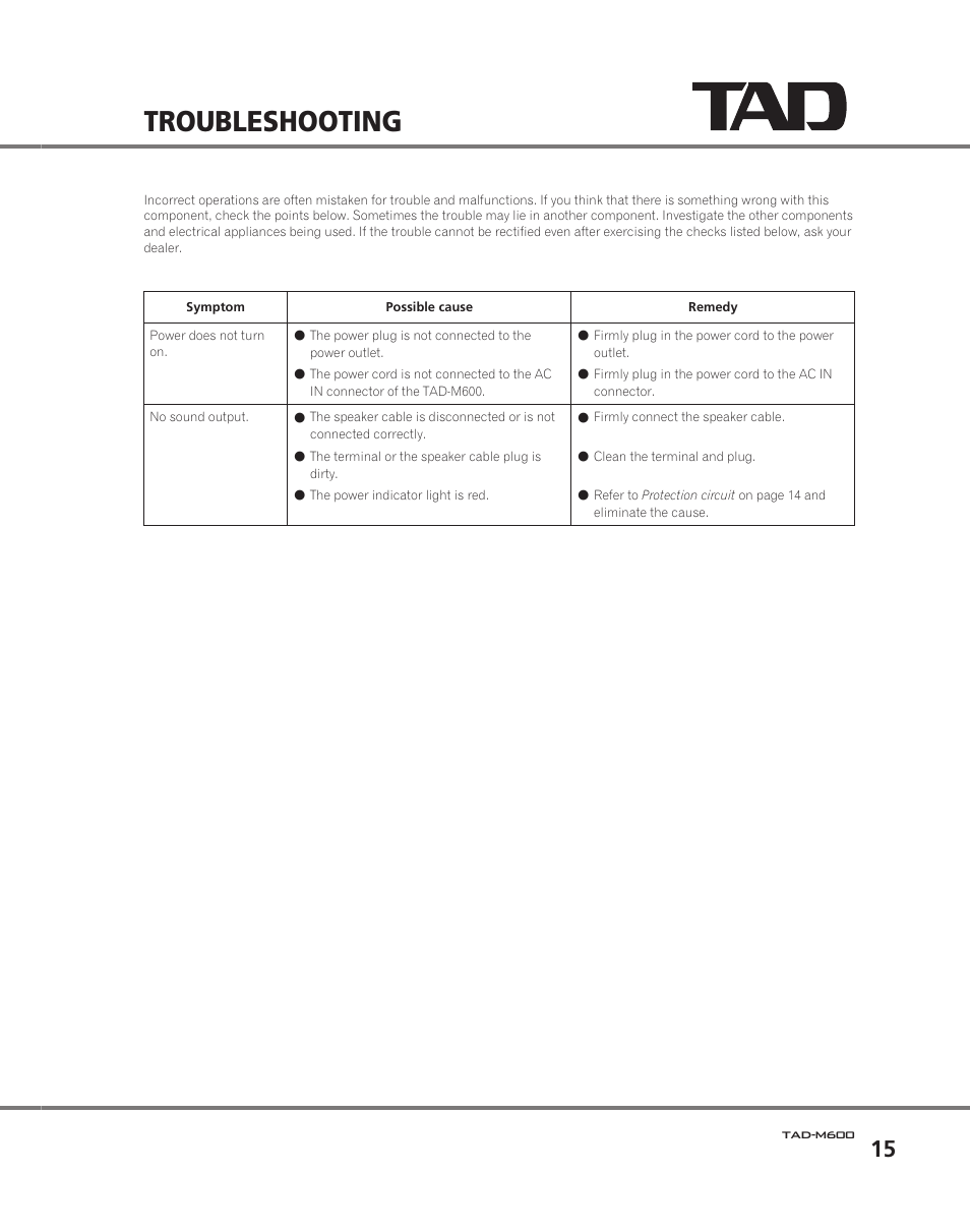Troubleshooting | Pioneer TAD M600 User Manual | Page 15 / 18