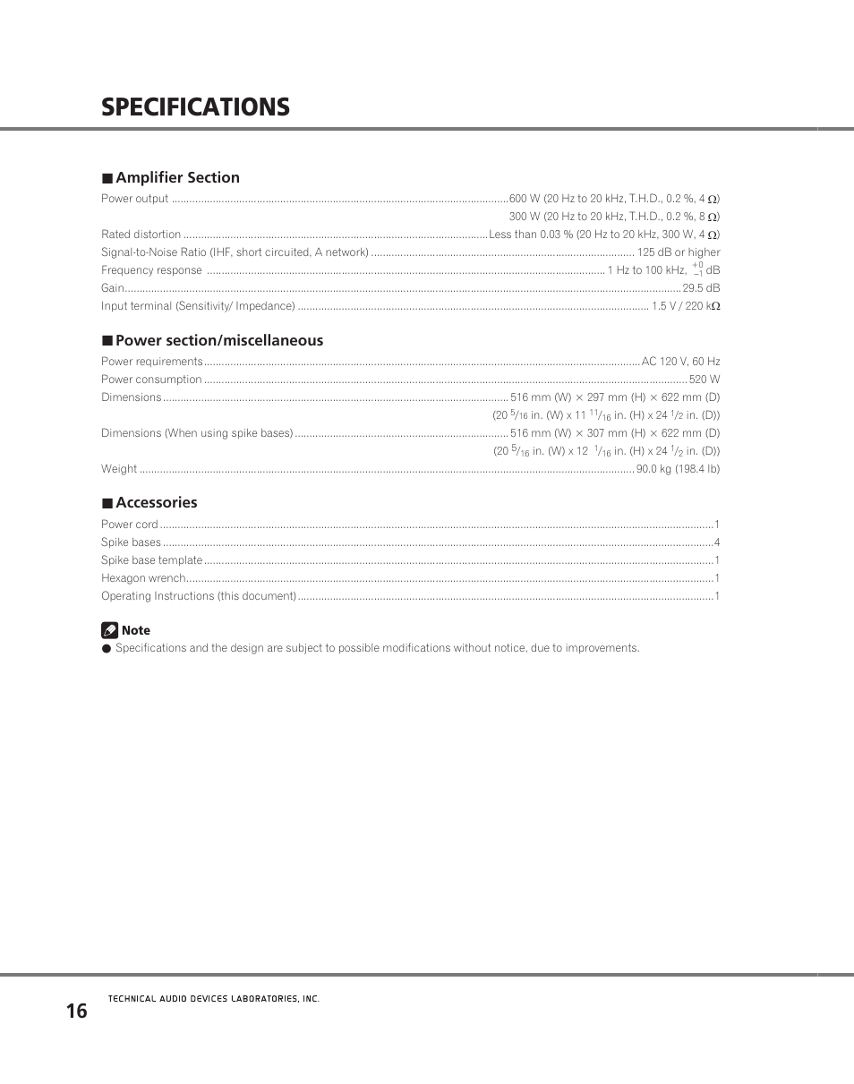 Specifications, Accessories | Pioneer TAD M600 User Manual | Page 16 / 18