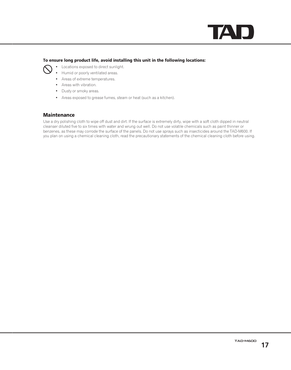 Maintenance | Pioneer TAD M600 User Manual | Page 17 / 18