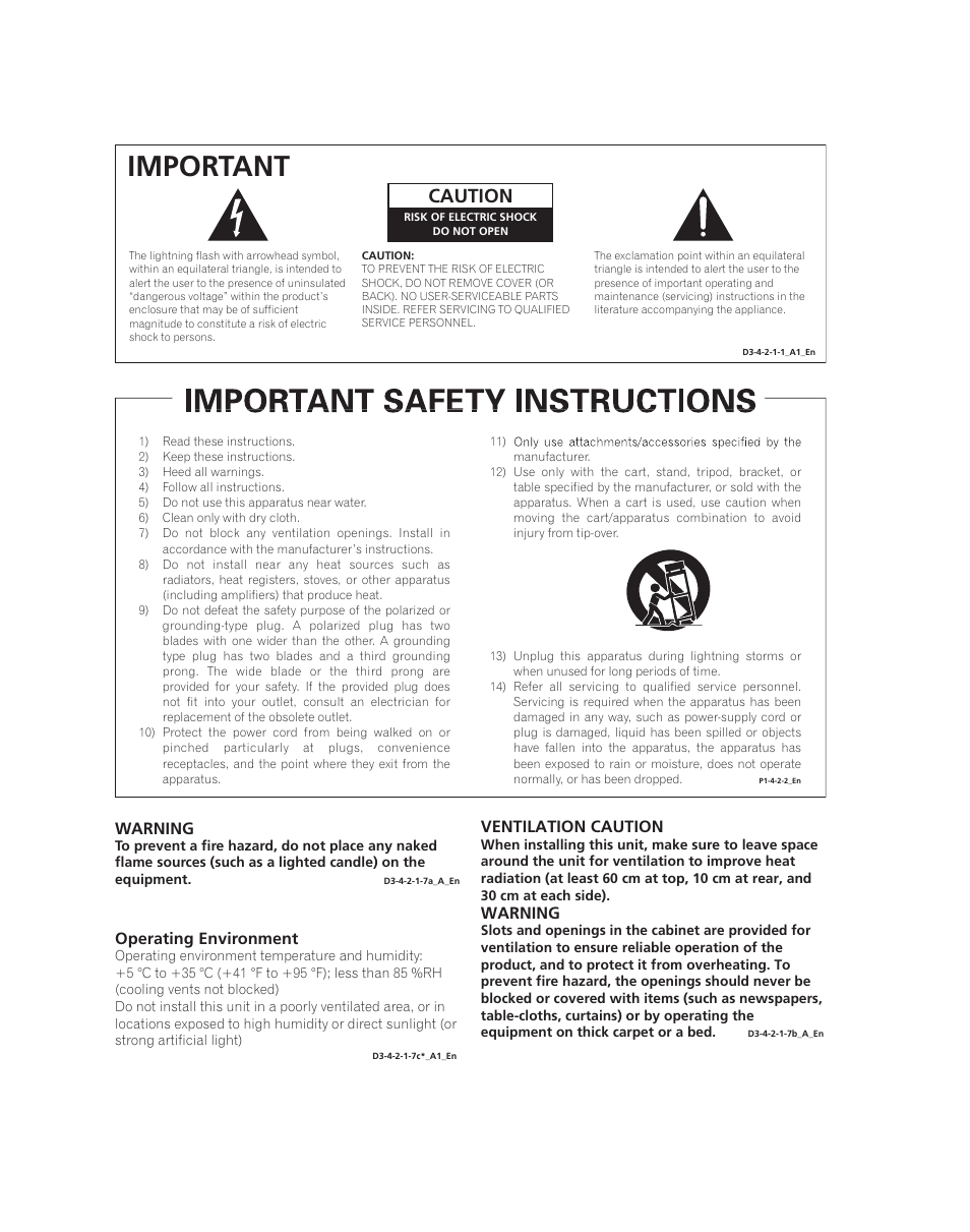 Important, Caution, Warning | Ventilation caution, Operating environment, Power-cord caution | Pioneer TAD M600 User Manual | Page 2 / 18