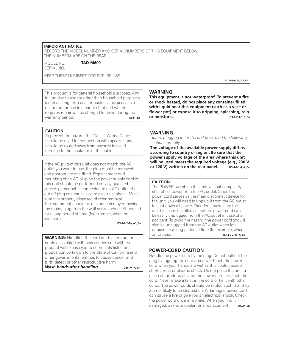 Important, Caution, Warning | Ventilation caution, Operating environment, Power-cord caution | Pioneer TAD M600 User Manual | Page 3 / 18