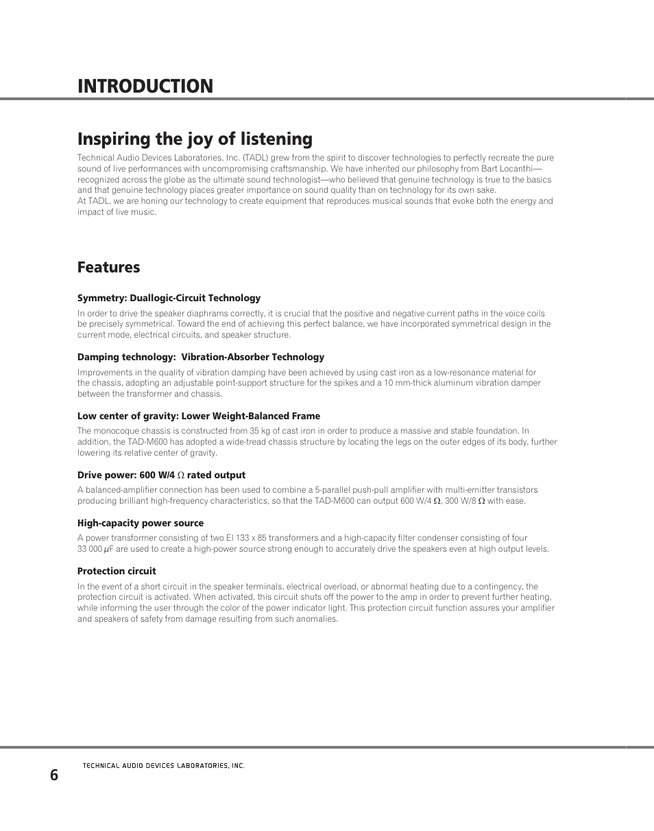 Introduction, Features, Inspiring the joy of listening | Pioneer TAD M600 User Manual | Page 6 / 18