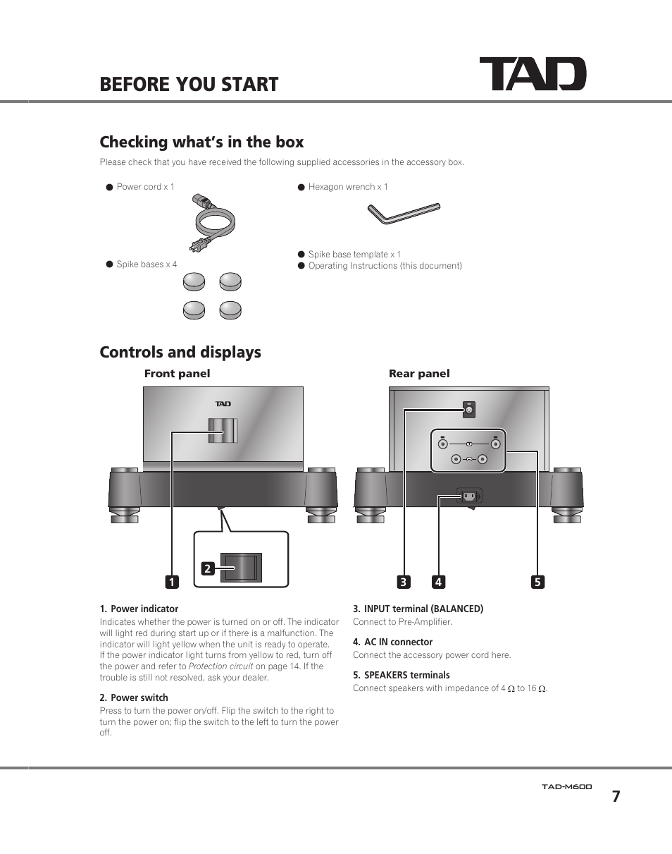 Before you start, Checking what’s in the box controls and displays, Checking what’s in the box | Controls and displays | Pioneer TAD M600 User Manual | Page 7 / 18