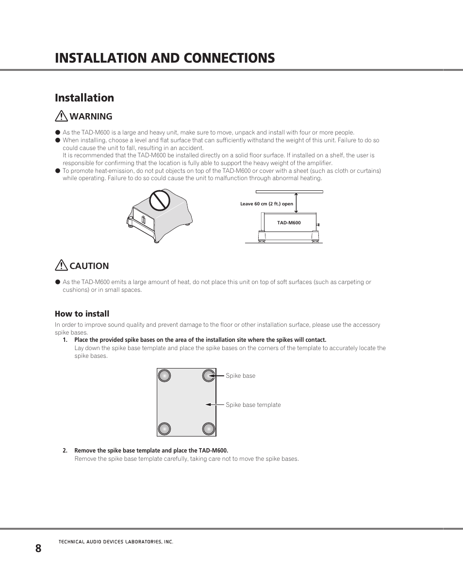 Installation and connections, Installation, How to install | 8installation, Warning, Caution | Pioneer TAD M600 User Manual | Page 8 / 18