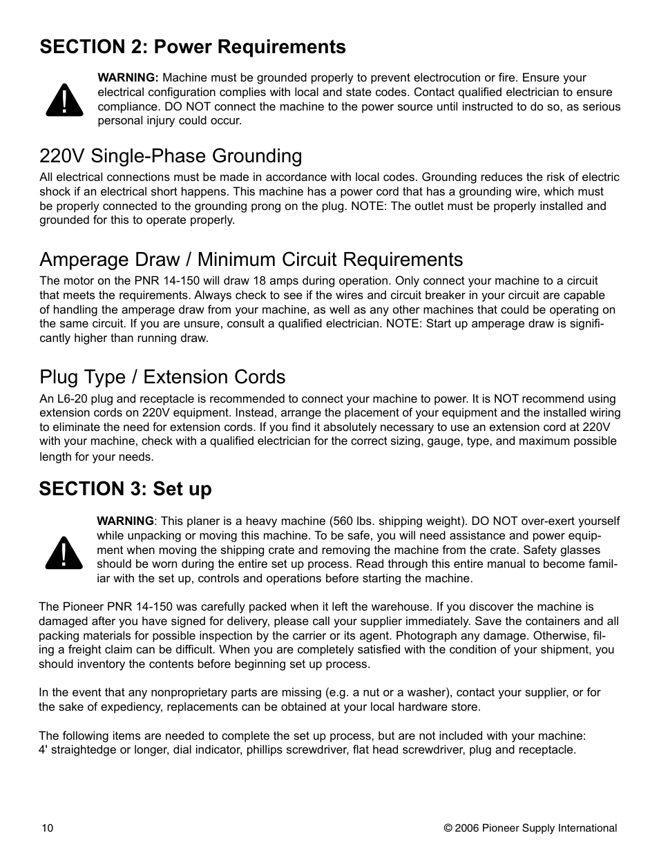 220v single-phase grounding, Amperage draw / minimum circuit requirements, Plug type / extension cords | Pioneer PNR 14-150 User Manual | Page 10 / 31