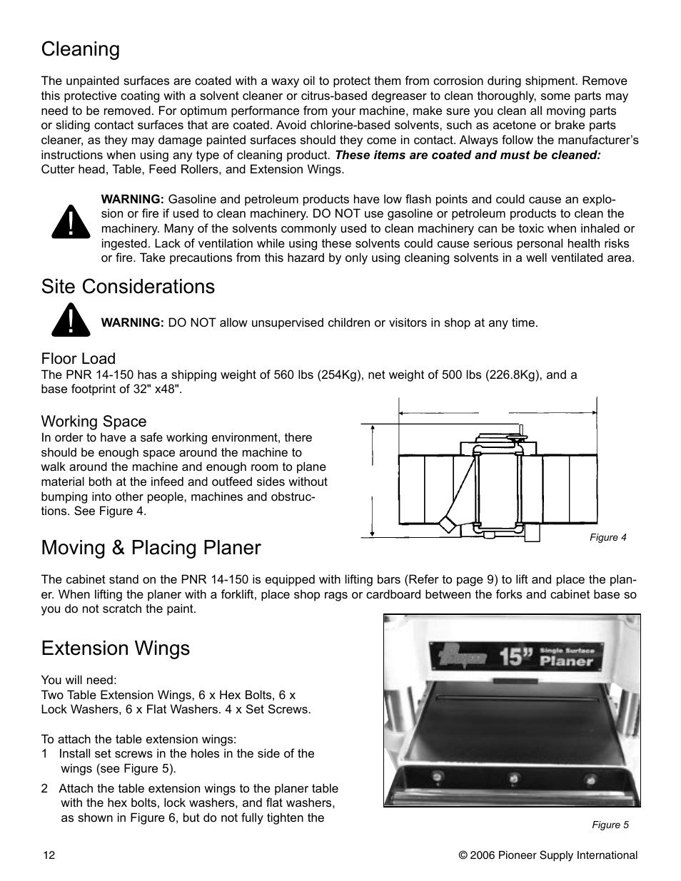 Site considerations, Moving & placing planer, Extension wings | Cleaning | Pioneer PNR 14-150 User Manual | Page 12 / 31