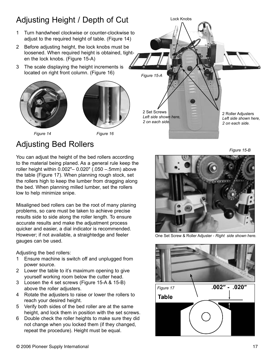 Adjusting height / depth of cut, Adjusting bed rollers | Pioneer PNR 14-150 User Manual | Page 17 / 31