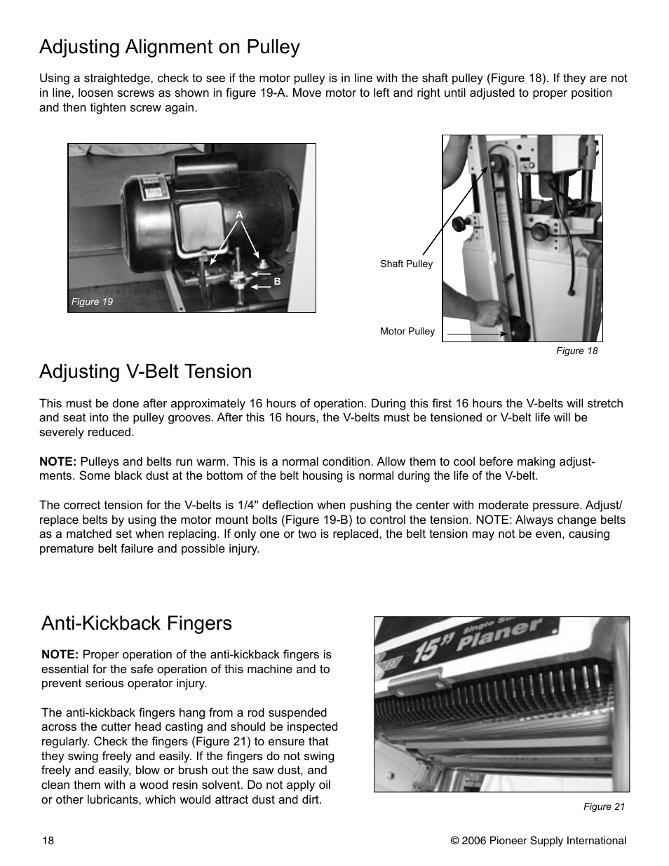 Adjusting v-belt tension, Adjusting alignment on pulley, Anti-kickback fingers | Pioneer PNR 14-150 User Manual | Page 18 / 31