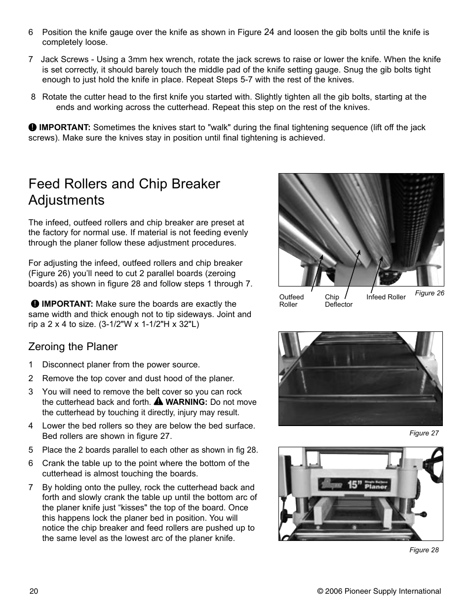 Feed rollers and chip breaker adjustments, Zeroing the planer | Pioneer PNR 14-150 User Manual | Page 20 / 31