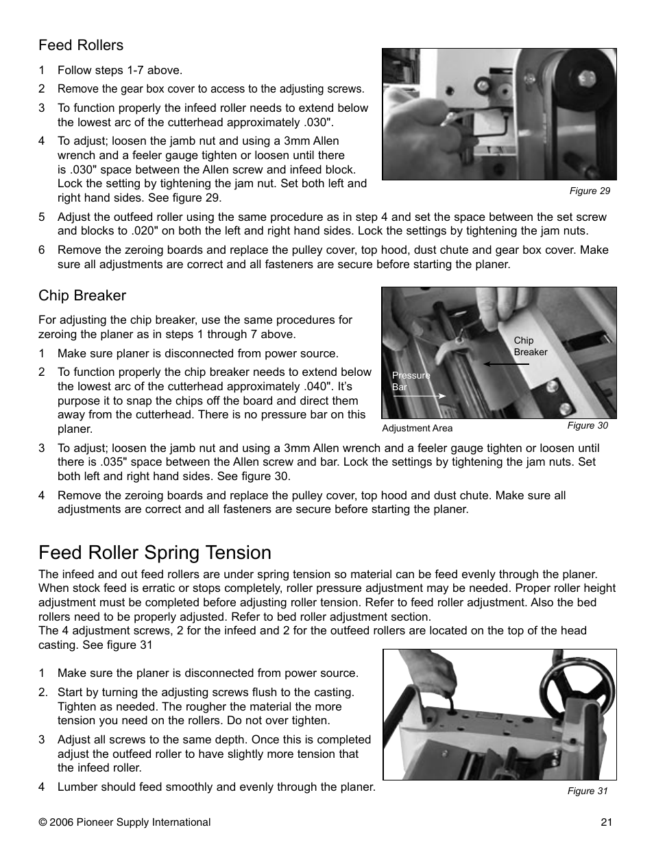 Feed roller spring tension, Feed rollers, Chip breaker | Pioneer PNR 14-150 User Manual | Page 21 / 31