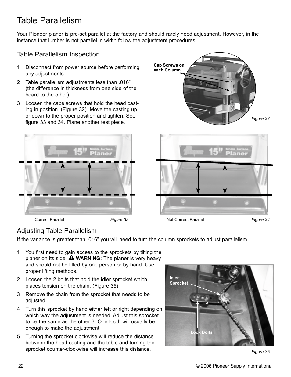 Table parallelism, Table parallelism inspection, Adjusting table parallelism | Pioneer PNR 14-150 User Manual | Page 22 / 31