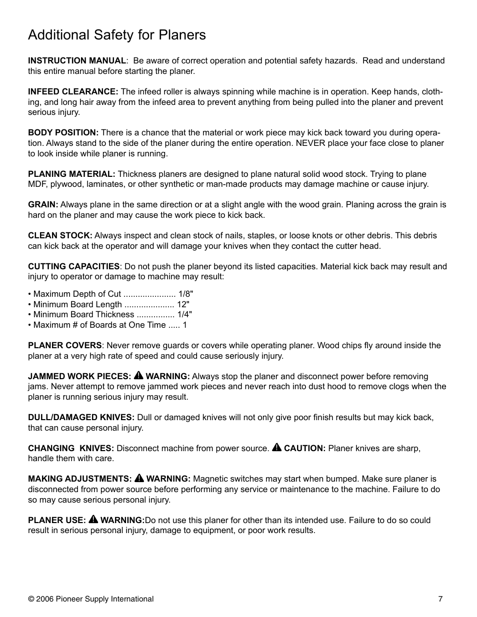 Additional safety for planers | Pioneer PNR 14-150 User Manual | Page 7 / 31