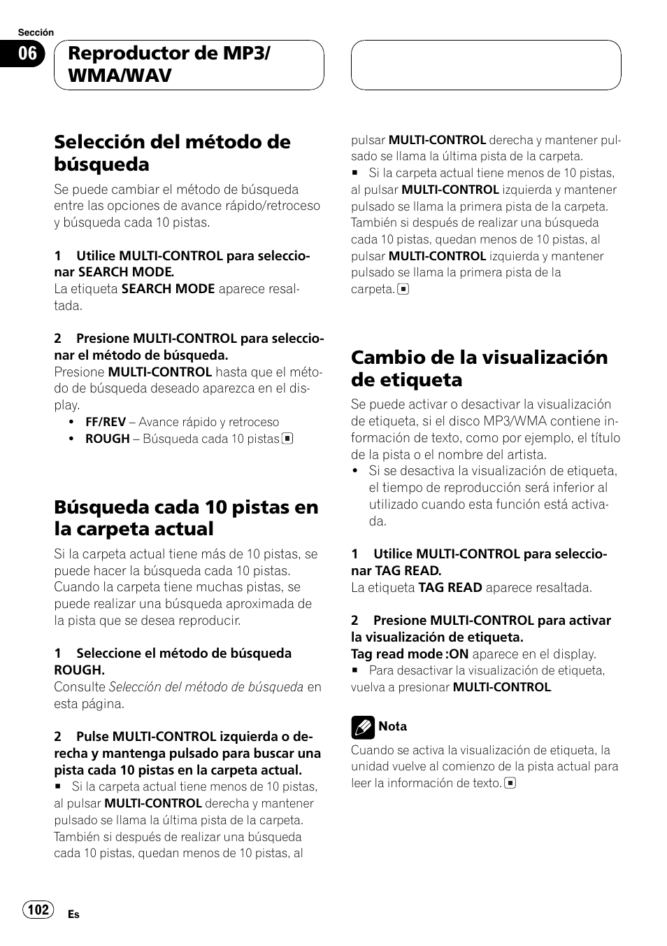 Selección del método de búsqueda 102, Búsqueda cada 10 pistas en la carpeta, Actual 102 | Cambio de la visualización de etiqueta 102, Selección del método de búsqueda, Búsqueda cada 10 pistas en la carpeta actual, Cambio de la visualización de etiqueta, Reproductor de mp3/ wma/wav | Pioneer SUPER TUNERIII DEH-P8650MP User Manual | Page 102 / 154