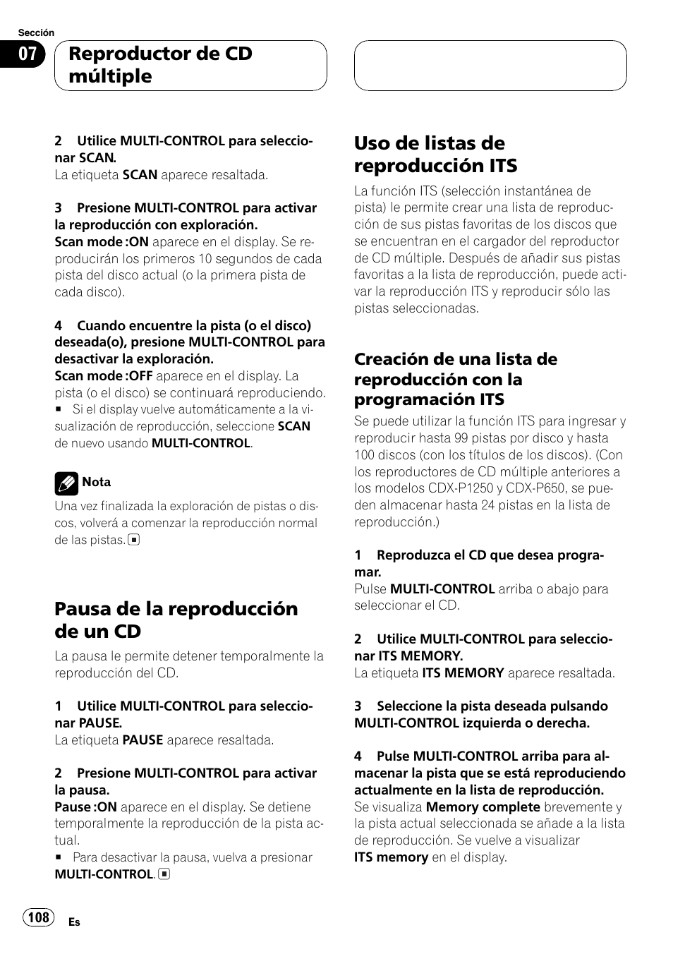 Pausa de la reproducción de un cd 108, Uso de listas de reproducción its 108, Creación de una lista de reproducción | Con la programación its 108, Pausa de la reproducción de un cd, Uso de listas de reproducción its, Reproductor de cd múltiple | Pioneer SUPER TUNERIII DEH-P8650MP User Manual | Page 108 / 154