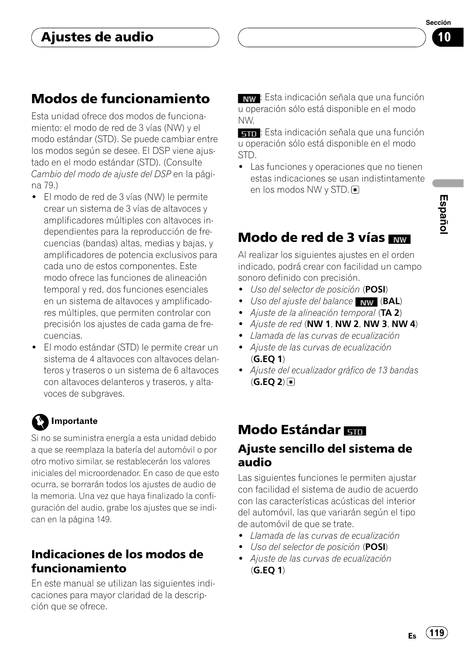 Ajustes de audio, Modos de funcionamiento 119, Indicaciones de los modos de | Funcionamiento 119, Modo de red de 3 vías, Modo estándar, Ajuste sencillo del sistema de, Audio 119, Modos de funcionamiento | Pioneer SUPER TUNERIII DEH-P8650MP User Manual | Page 119 / 154