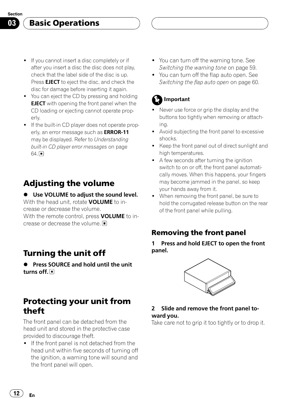 Removing the front panel 12, Adjustingthe volume, Turningthe unit off | Protectingyour unit from theft, Basic operations, Removingthe front panel | Pioneer SUPER TUNERIII DEH-P8650MP User Manual | Page 12 / 154